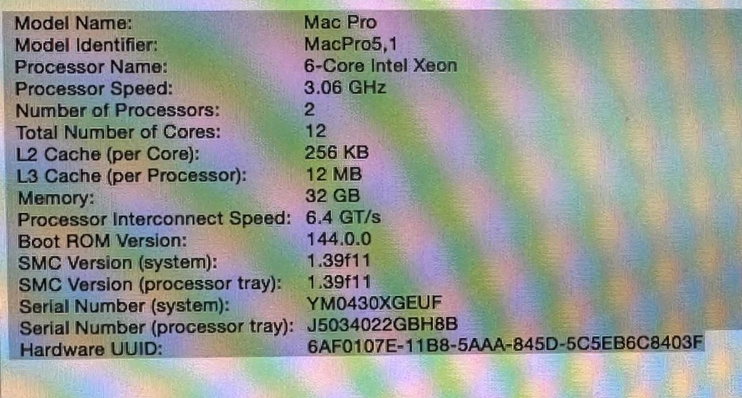 Mac Pro 5,1 Dual Processor Tray (12 Core) 3.06 GHz Xeon (2X6 Core) 32 GB Ram