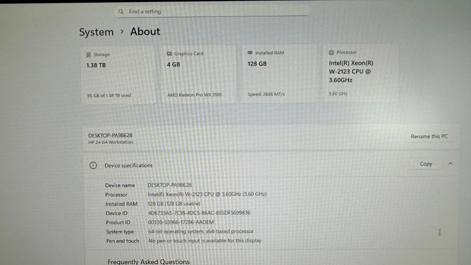 HP Z4 G4 Workstation Intel Xeon W-2123 3.6 GHz, 128 GB Ram, 1.5 TB NVme & SSD