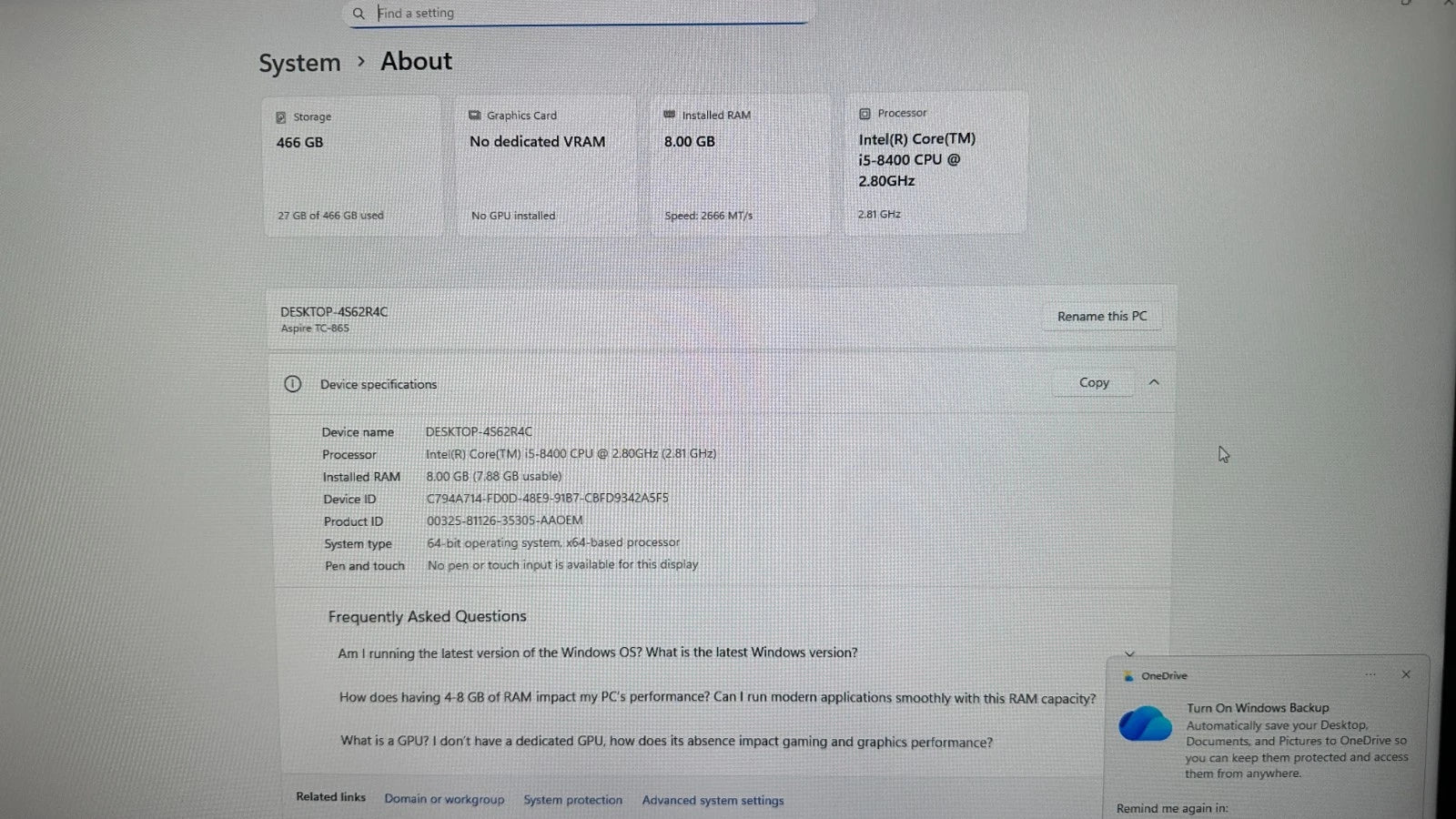 Acer Aspire TC-865 Core i5-8400 CPU 8GB RAM 500 GB NVMe, Win 11 Home
