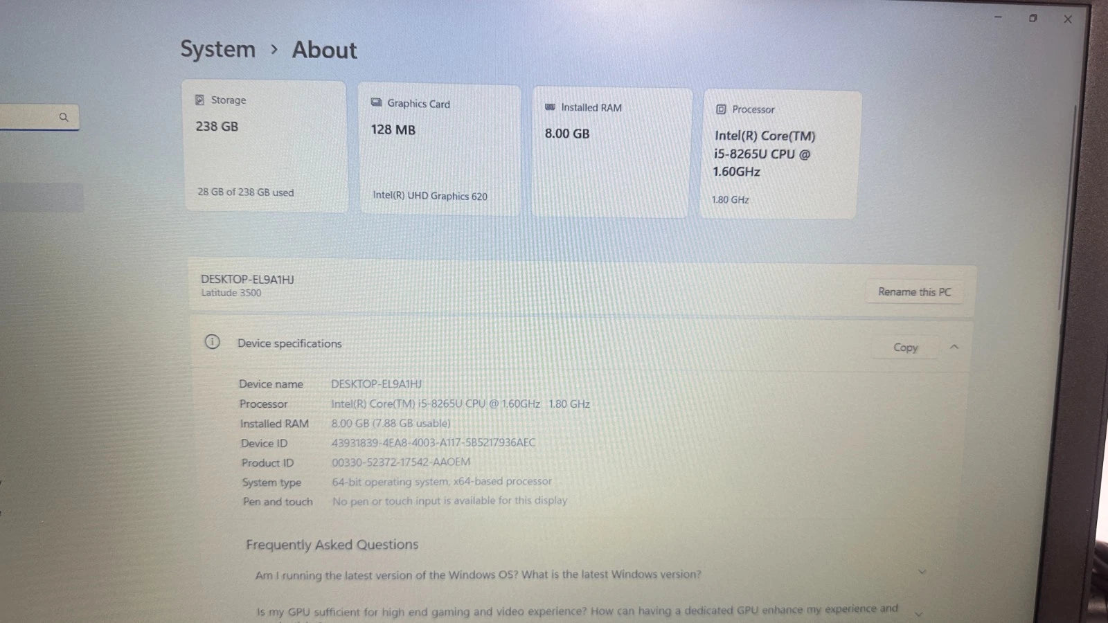 Dell Latitude 3500 15.6" Laptop i5 8th Gen 240GB SSD 8GB RAM Win 11 Pro