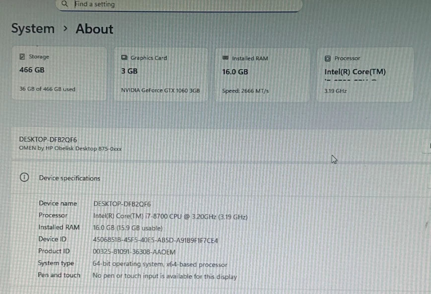 HP OMEN Gaming Desktop i7-8th Gen 3.2 GHz 16GB, NVMe 500 GB, GTX 1060, Win 11