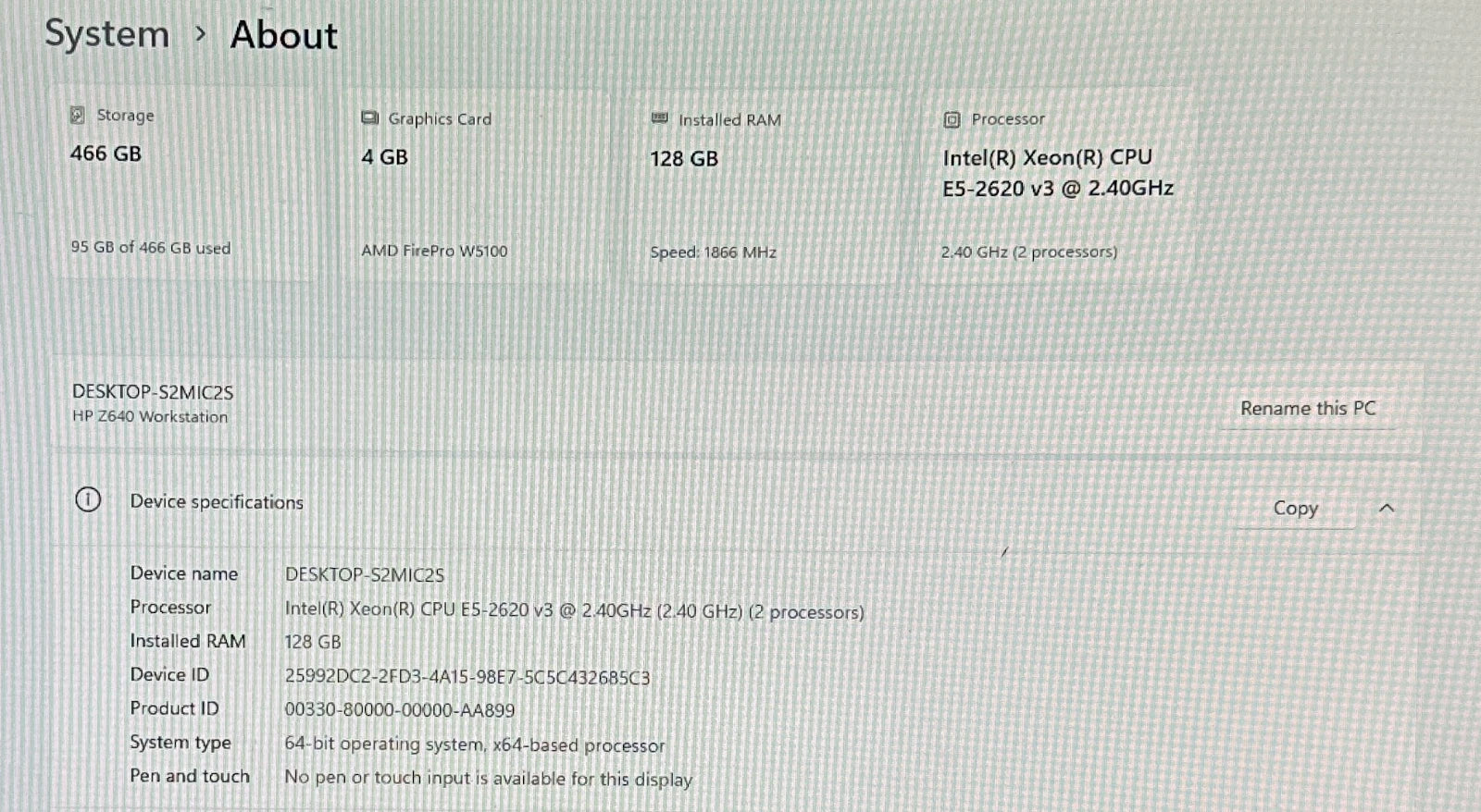 HP Z640 Workstation Xeon E5-2620 v3 2.4 (2 CPU) 128 GB Ram, SSD 500 GB, Win 11